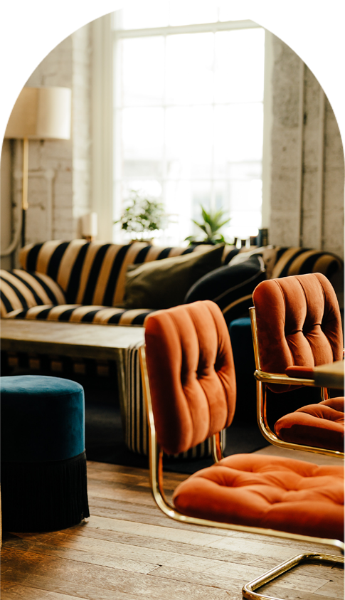 Seating area in the Hall at Kindred, Bradmore House, used for coworking during the day